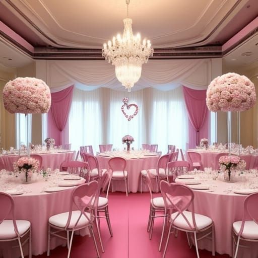 A Valentine's themed wedding reception with lots of white an...
