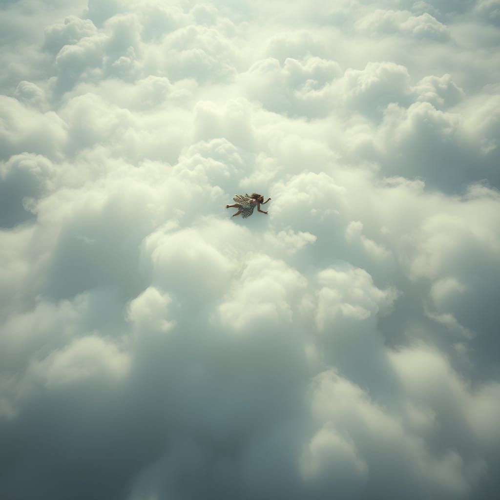 Ethereal Figure Surrounded by Gentle Clouds in Hyperrealisti...