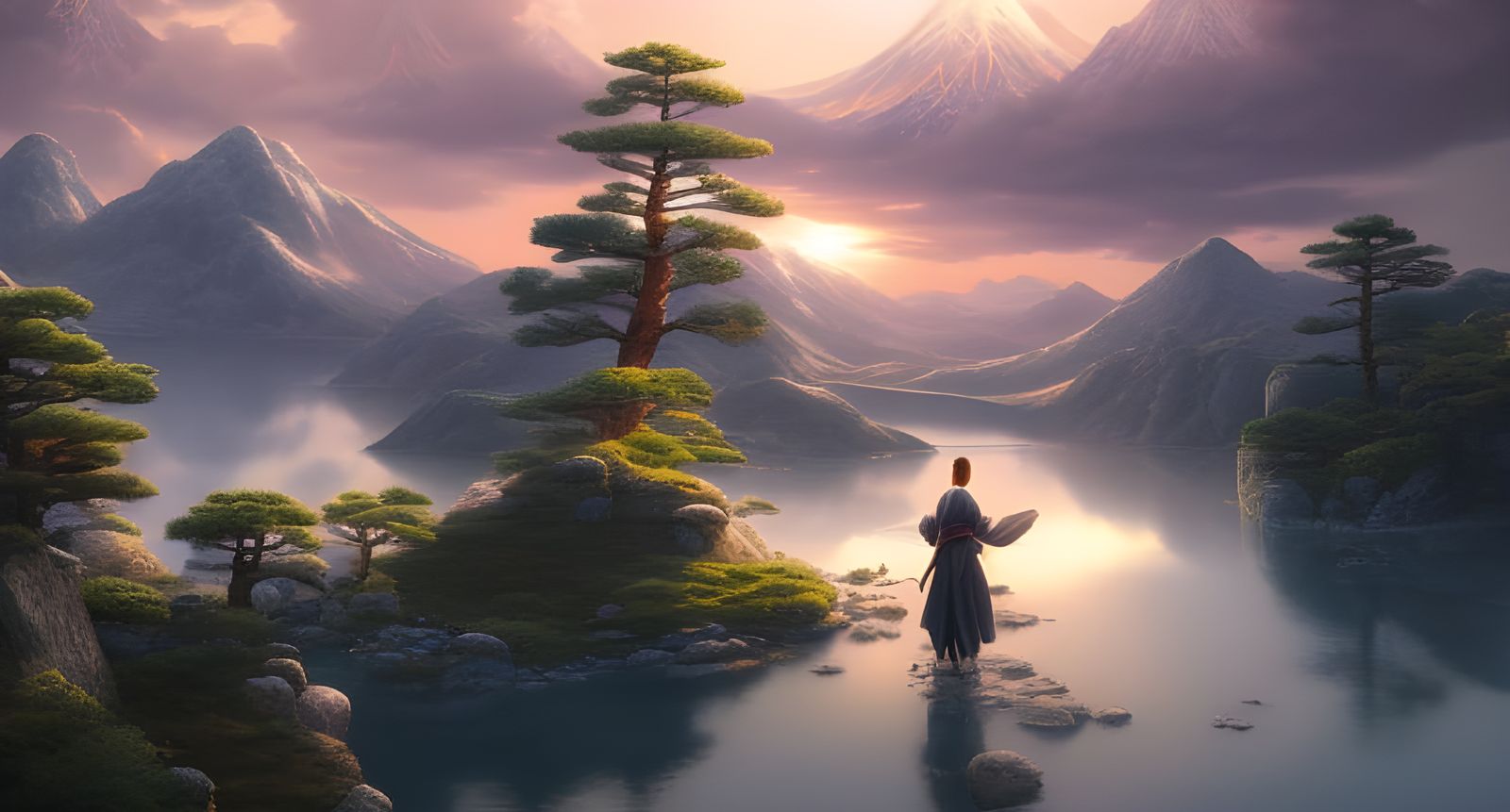 Magical Japanese Mountain Sunset: Detailed Digital Art