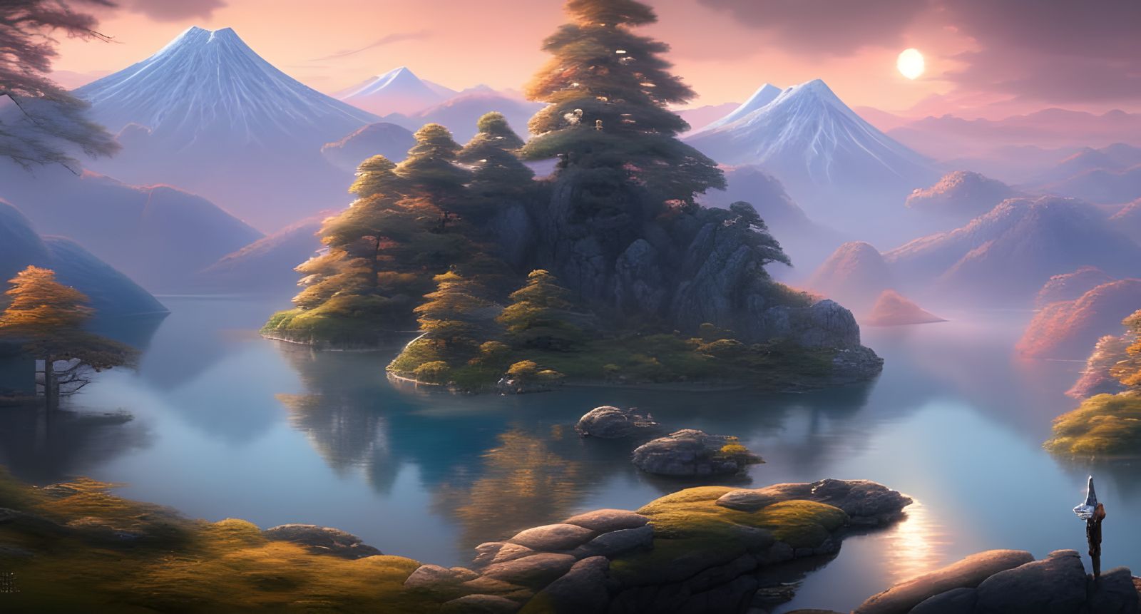 Breathtaking Japanese Mountain Landscape in Cyberpunk Style