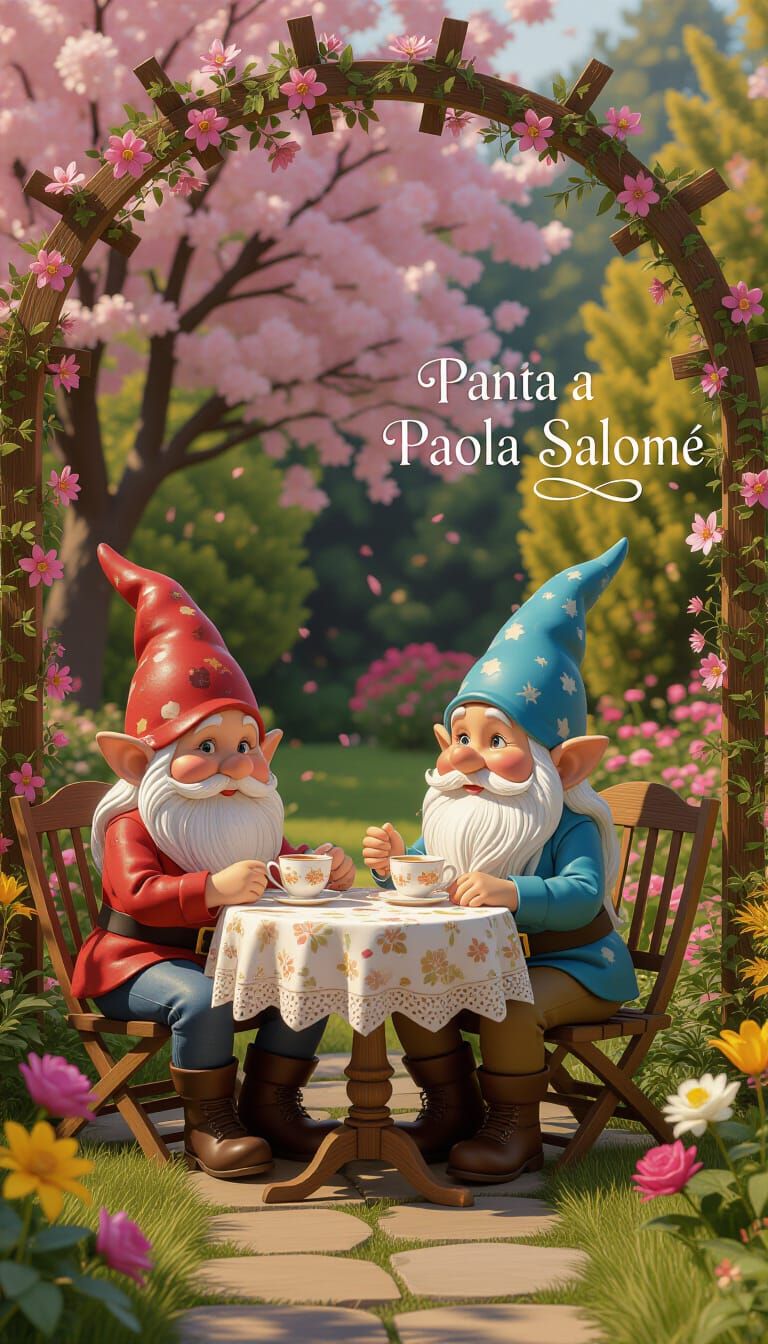 Charming Gnomes Enjoy Tea in Spring Garden