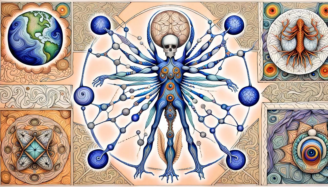 Anthropomorphic Barn Owl with Fractal Quantum Zentangles
