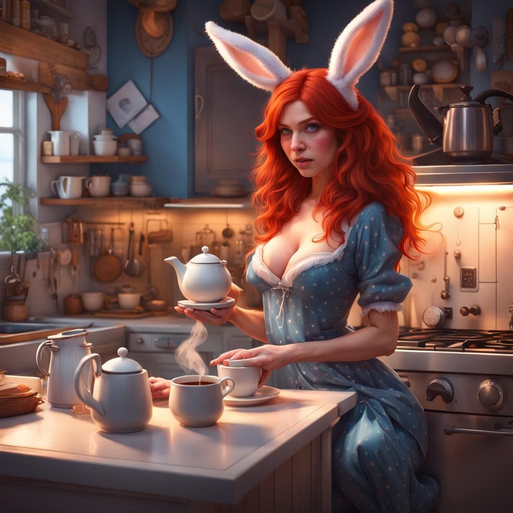 Magical Redhead Witch Brews Coffee, Hyperdetailed Portrait