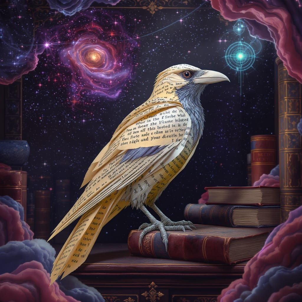 Paper Raven Made from Poe Book Perched on Bookcase