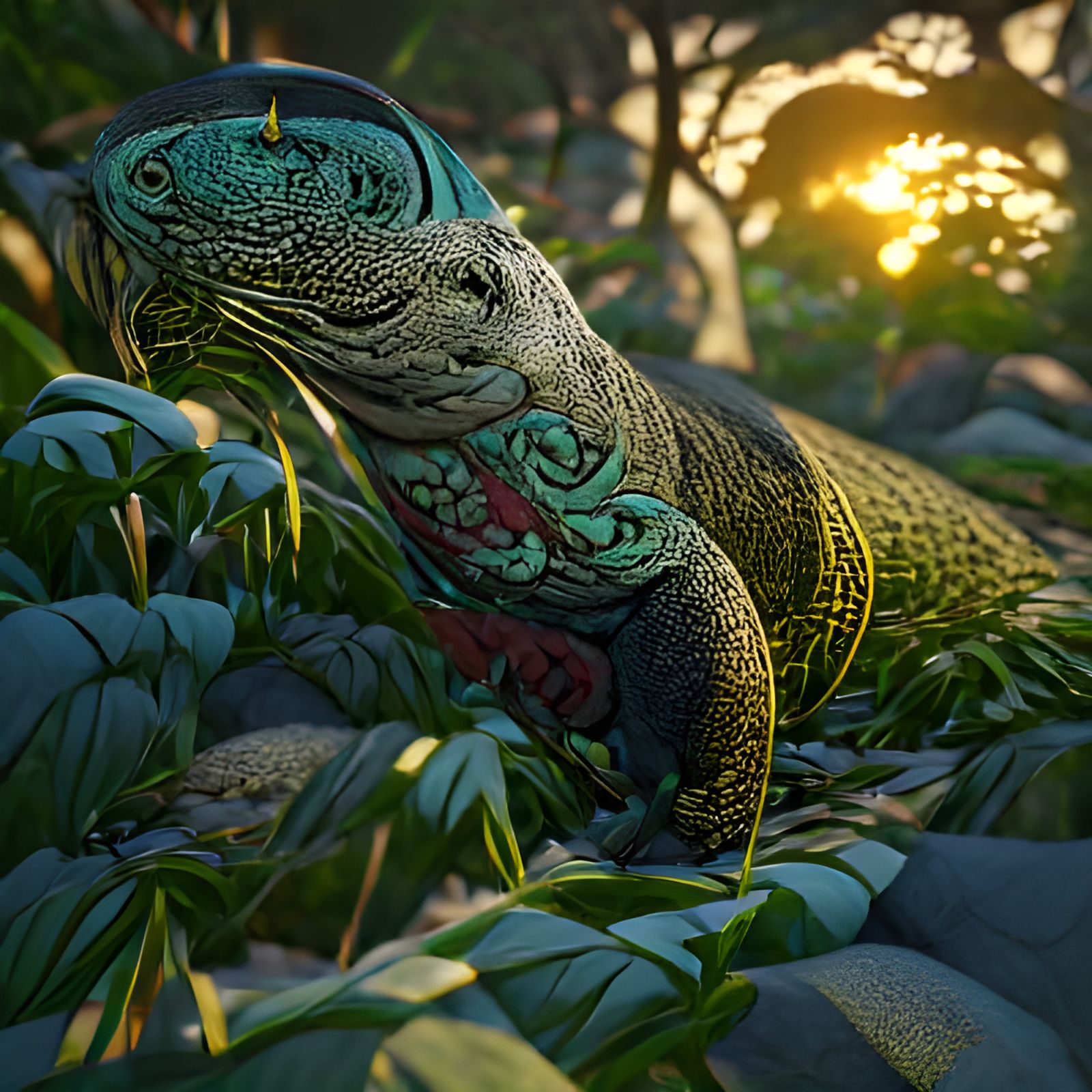 Green Komodo Dragon in Tropical Jungle: Ukiyo-e Art