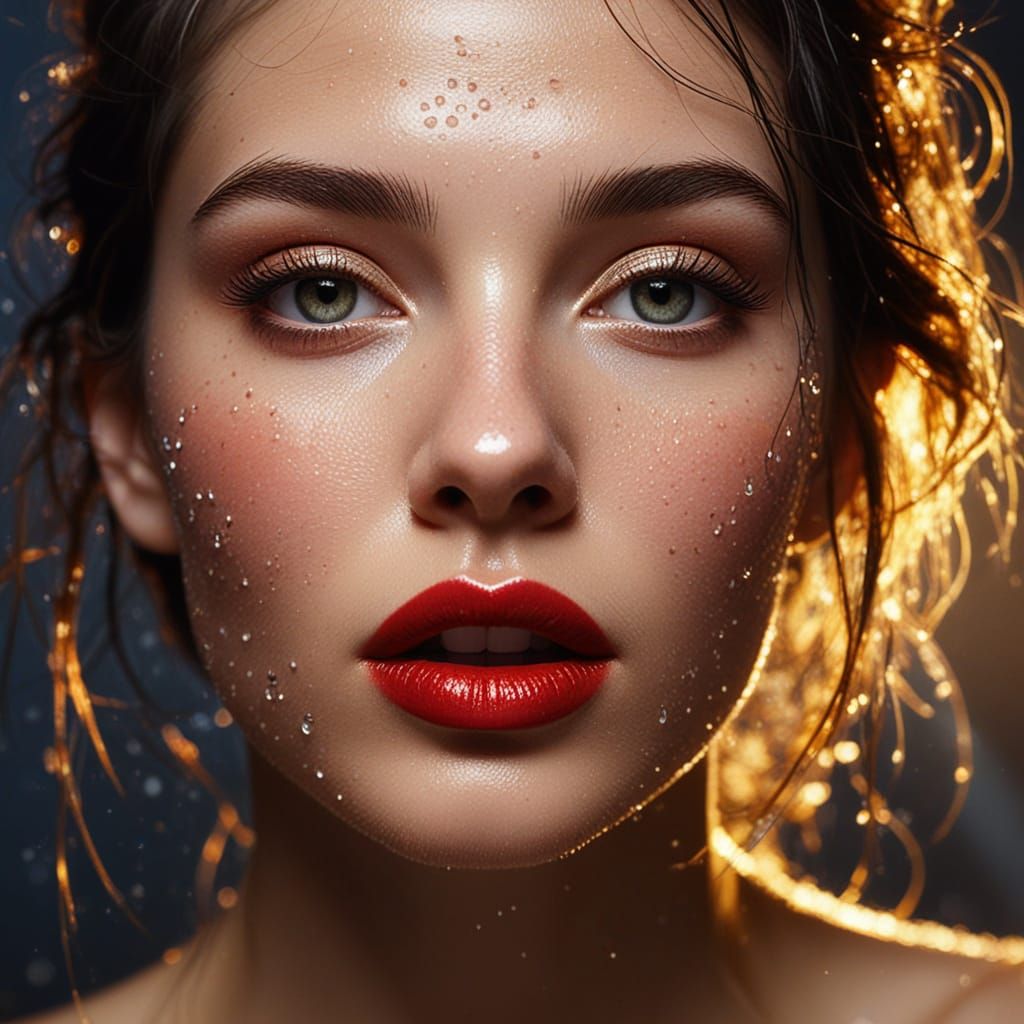 Golden Woman's Glistening Portrait in Hyperrealistic Style