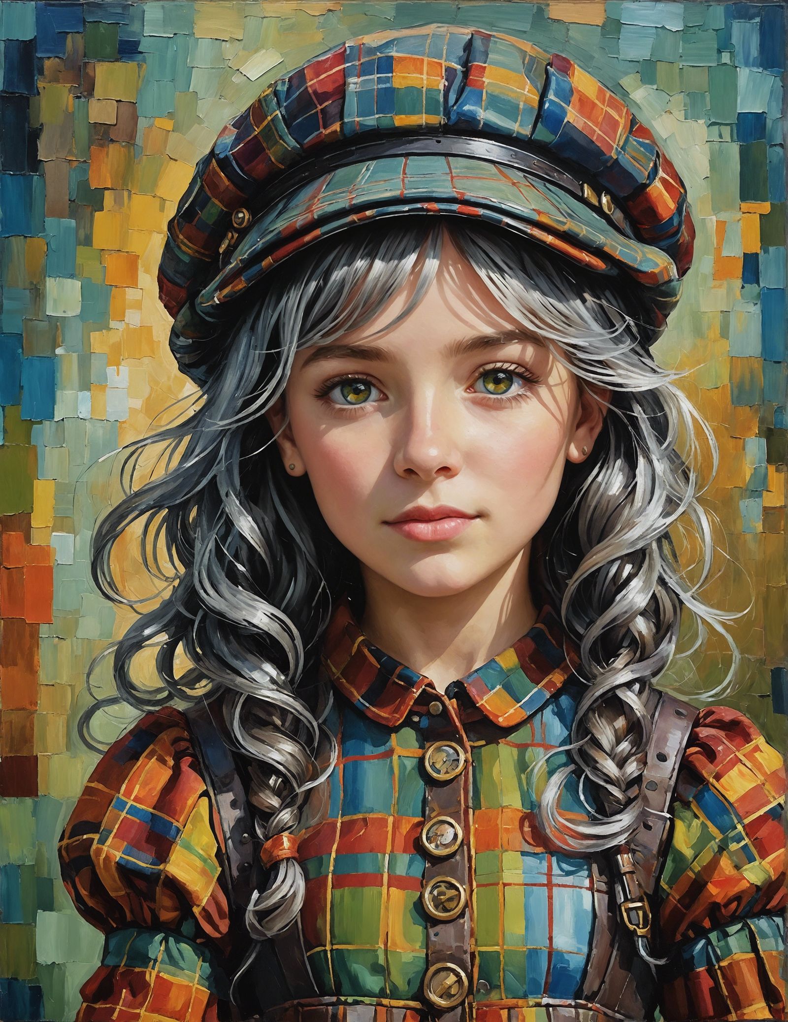 Charming Girl in Plaid: An Expressionist Oil Painting
