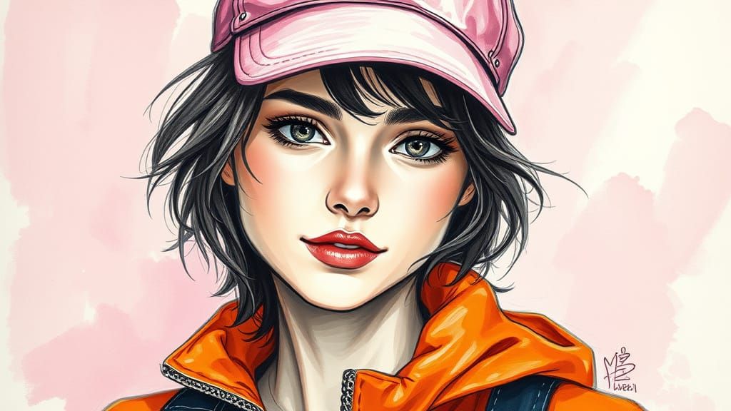 Confident Young Woman in Vibrant Orange Jacket, Whimsical Po...