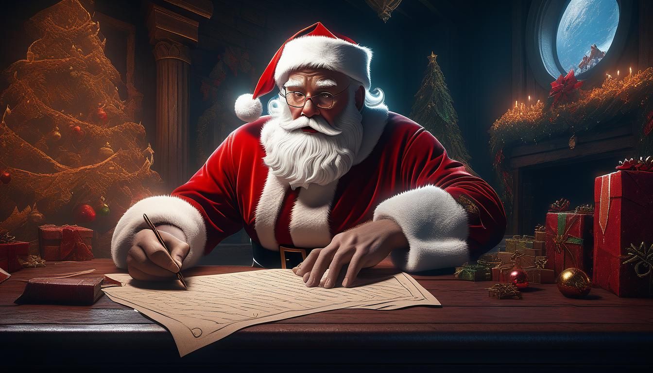 Santa Checks Naughty List: Detailed Fantasy Art