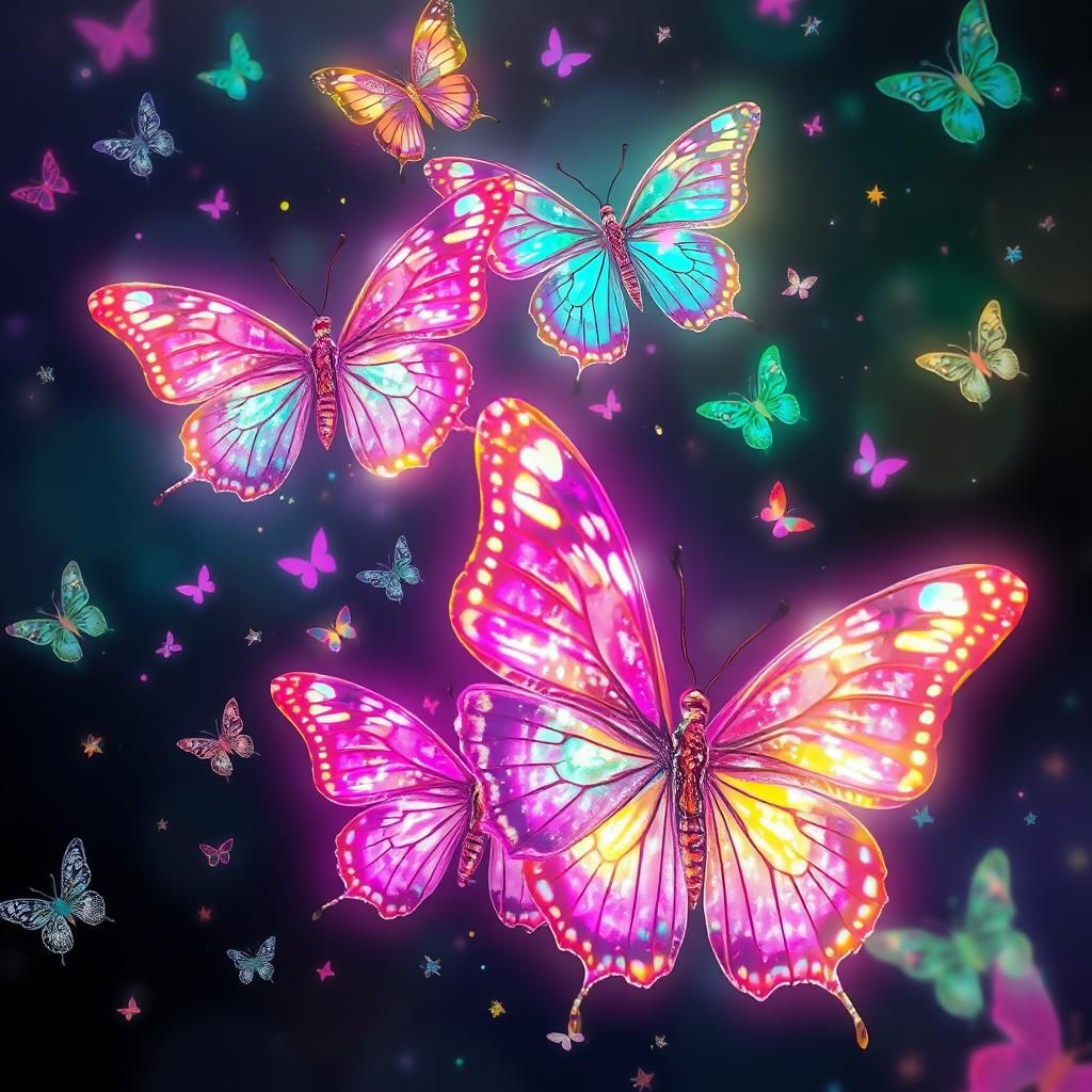 Iridescent Butterflies in Neon Hues, Fantasy Art