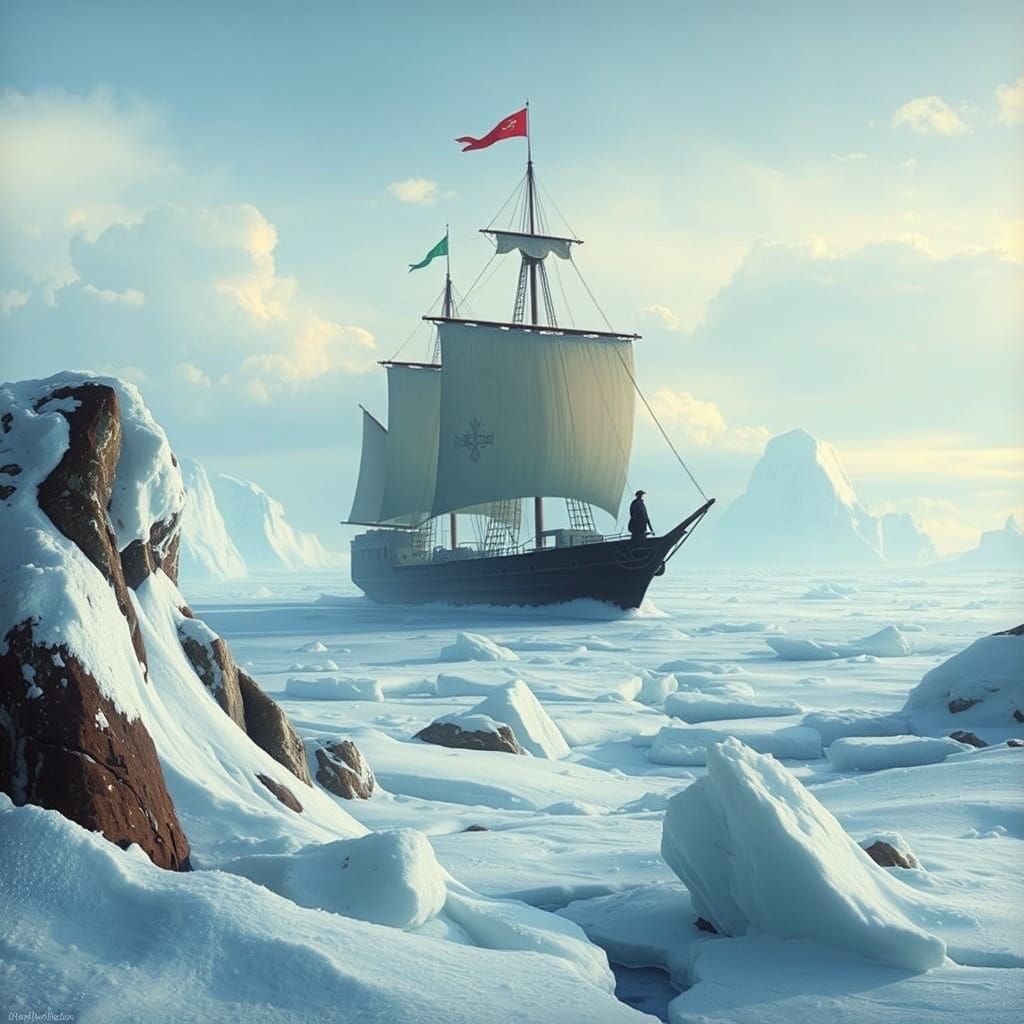 Majestic Phoenician Ship Amidst Frozen Tundra in Antarctica