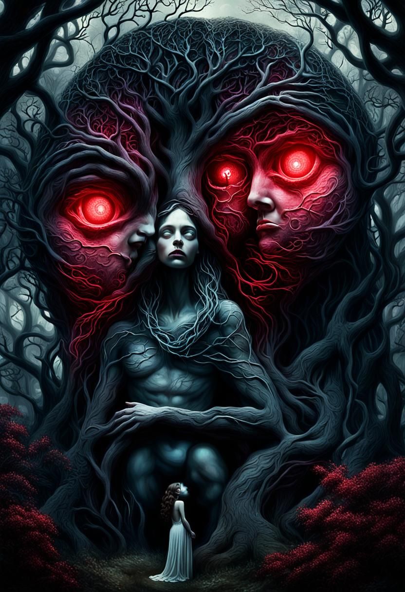 Adam and Eve's Kiss in Dark Surreal Eden