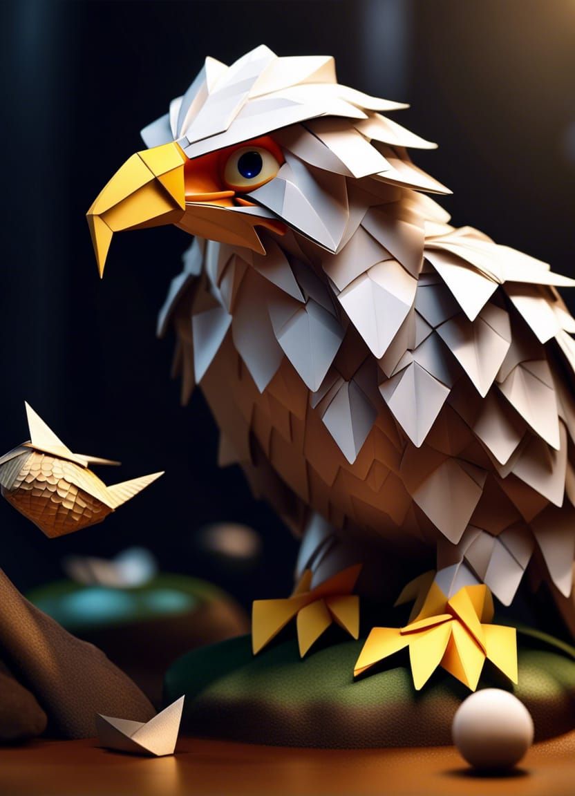 Beautiful origami "cute adorable eagle with scales and huge round realistic eyes hurting for fish", by Kamiya Satoshi: p...