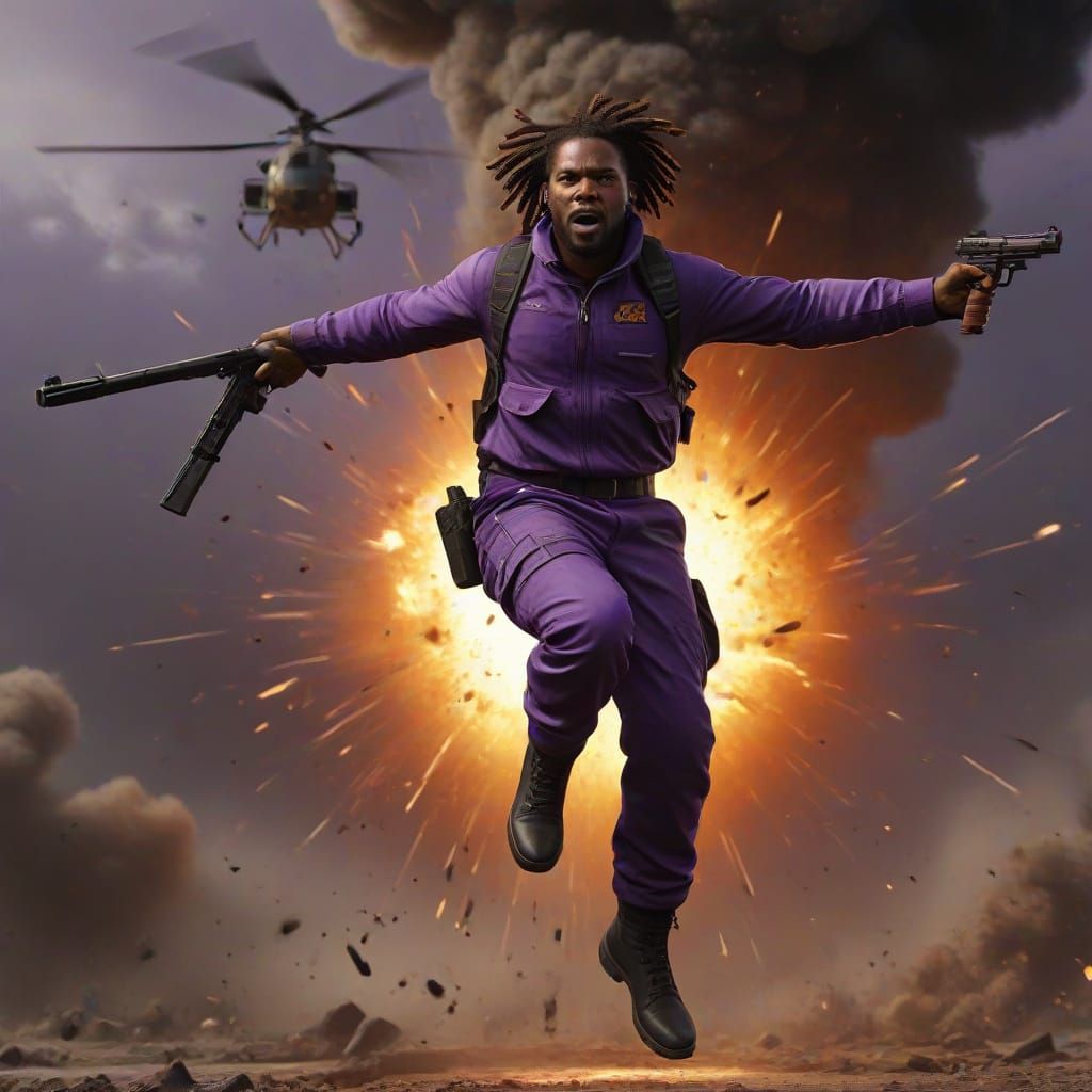 Black Man Leaping From Exploding Helicopter in Action Concep...