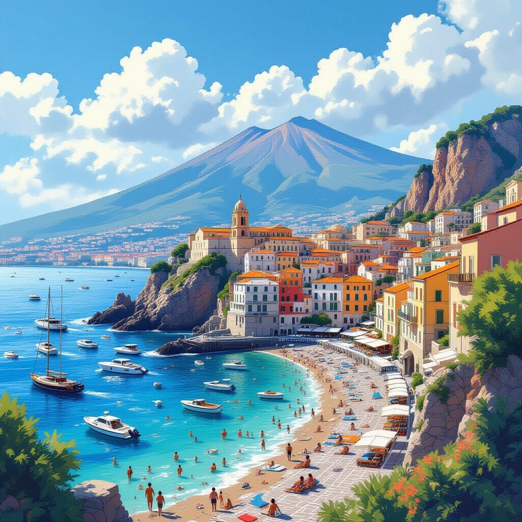 Mediterranean Coast of Taormina with Mount Etna, Digital Art