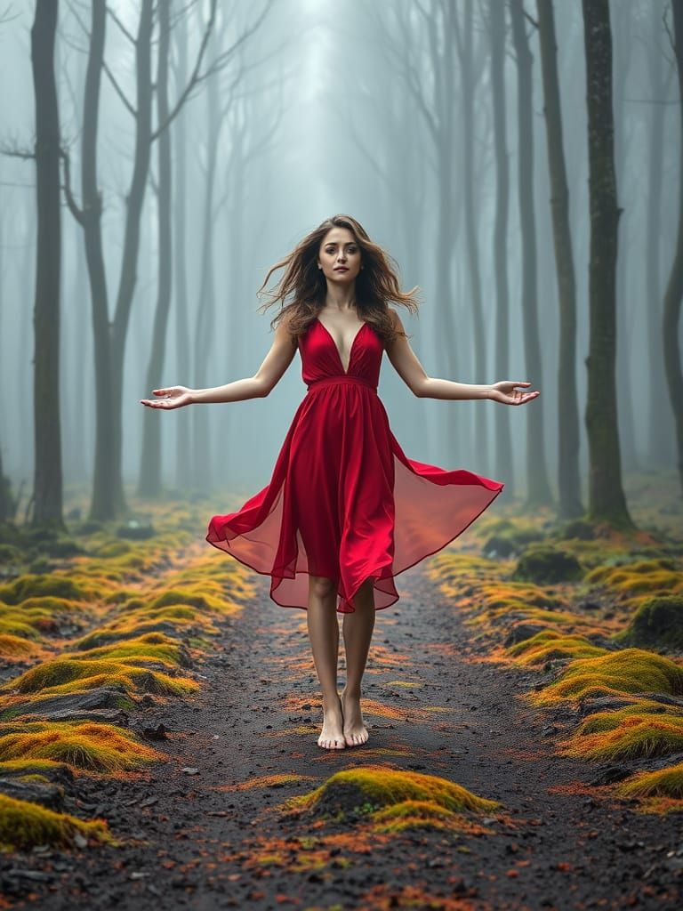Ethereal Woman in Red Dress in Misty Forest