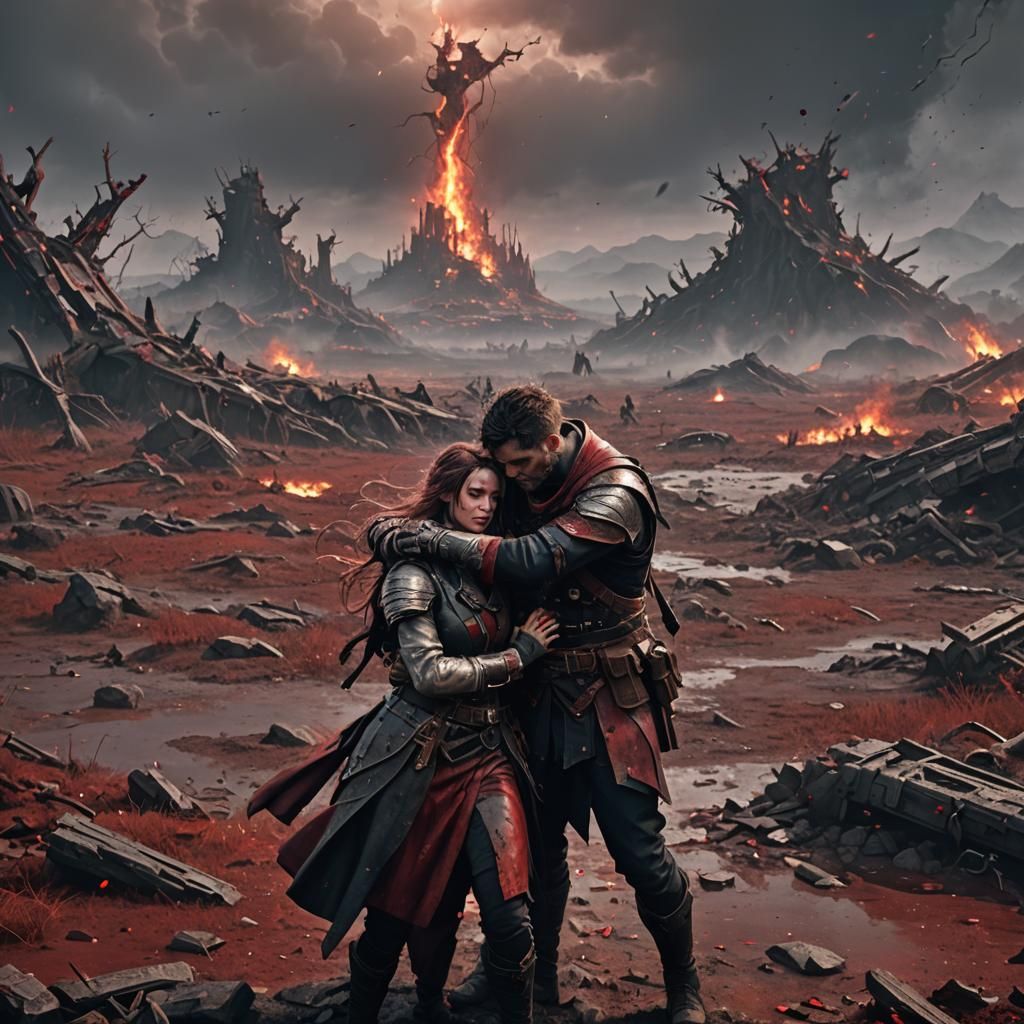 Lovers' Embrace on Battlefield: Detailed Matte Painting