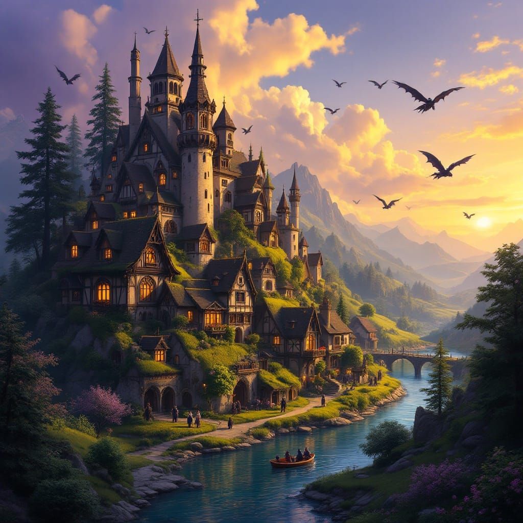 Gothic Hillside Village with Majestic Dragons and Griffins