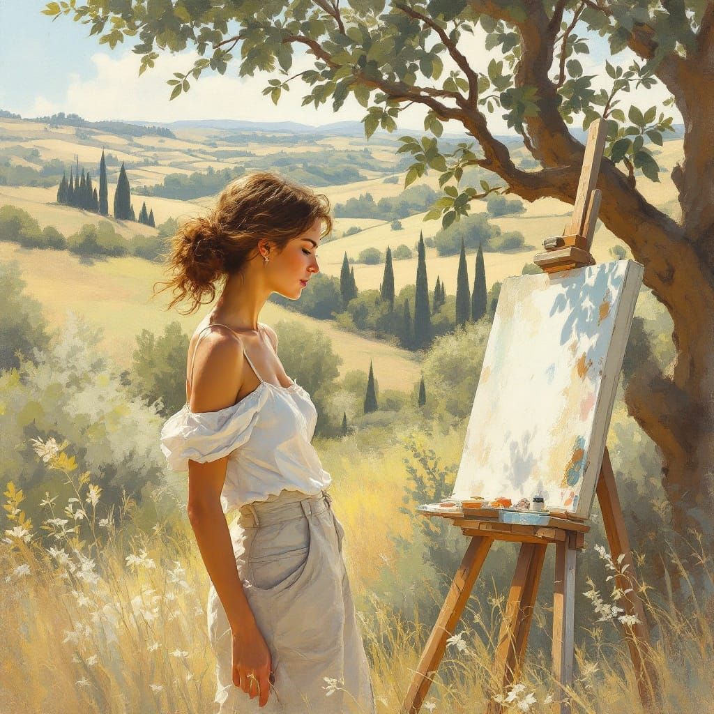 Woman in Serene Tuscan Landscape Painting En Plein Air