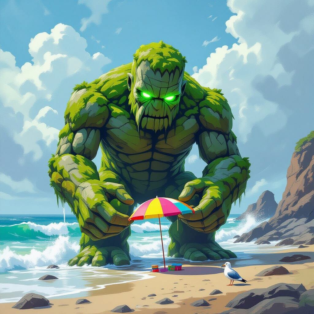Moss Golem Assembling Beach Umbrella in Oil Painting Style