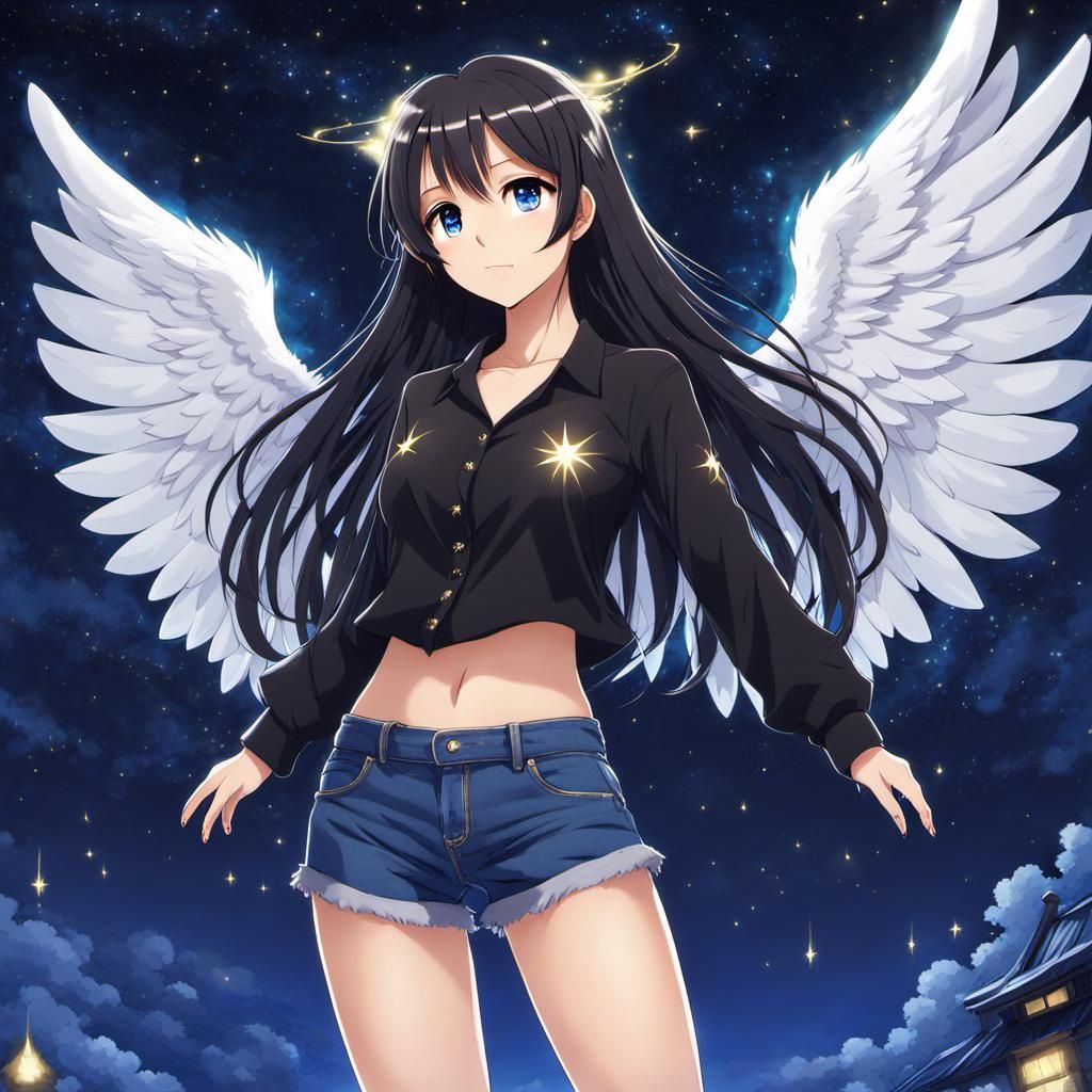 Cute Anime Angel with Starry Night Background