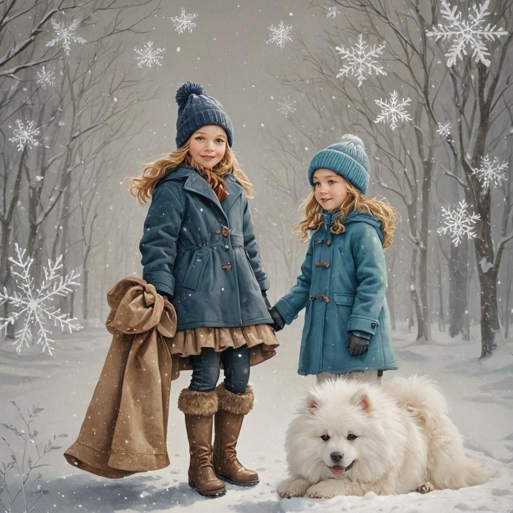 Children Prepare for Winter in Storybook Illustration