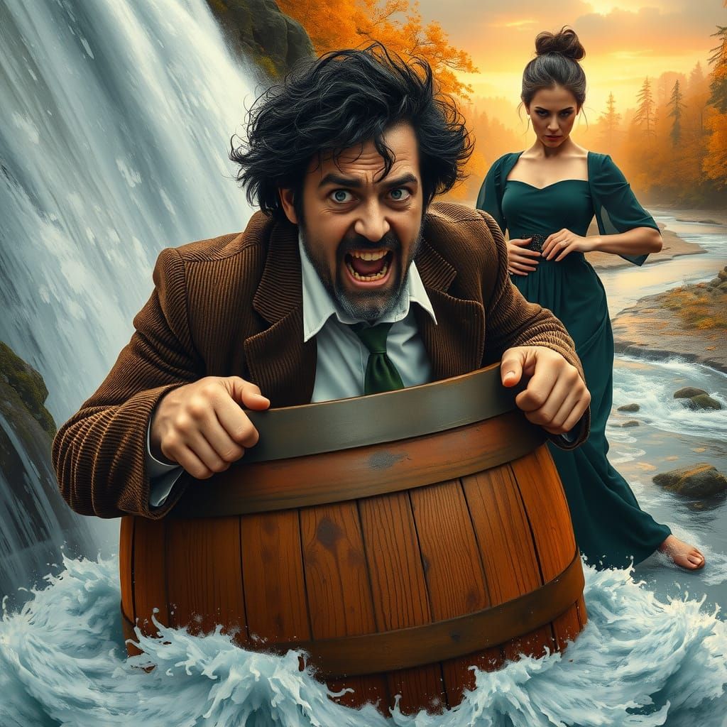 A man sitting inside a large wooden barrel, positioned at th...