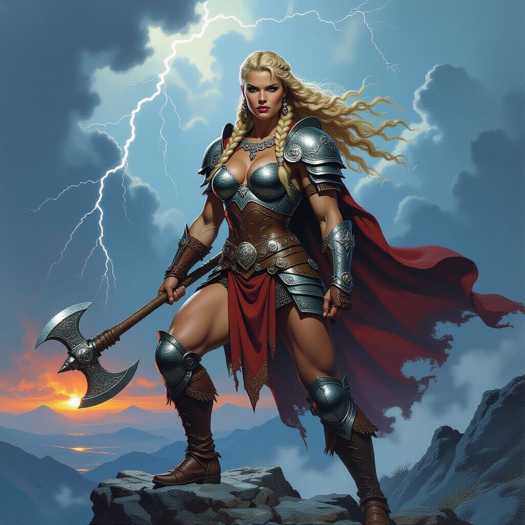 Barbarian Queen Overlooking War-Torn Landscape as Oil Painti...