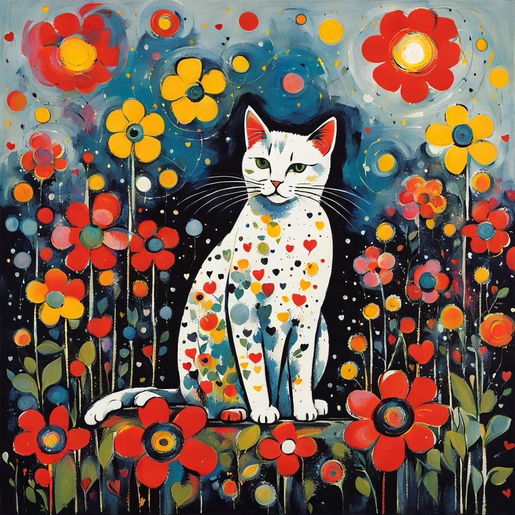 Abstract Cat with Heart Lights in Pollock Style