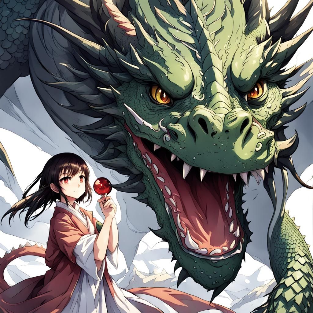 Anime Dragon and Girl in Japanese Manga Style