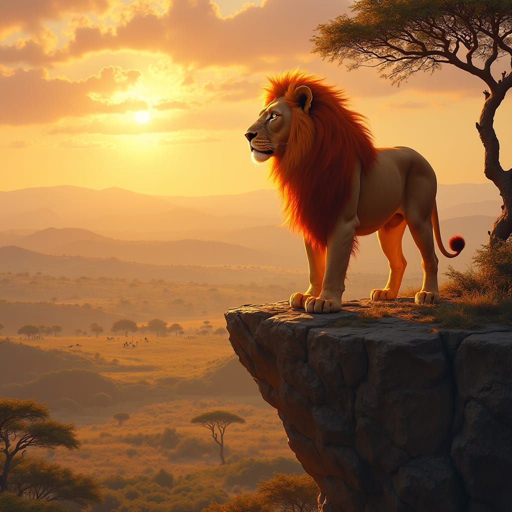 Majestic Lion in Fiery Mane, Standing atop Rocky Cliff in Af...