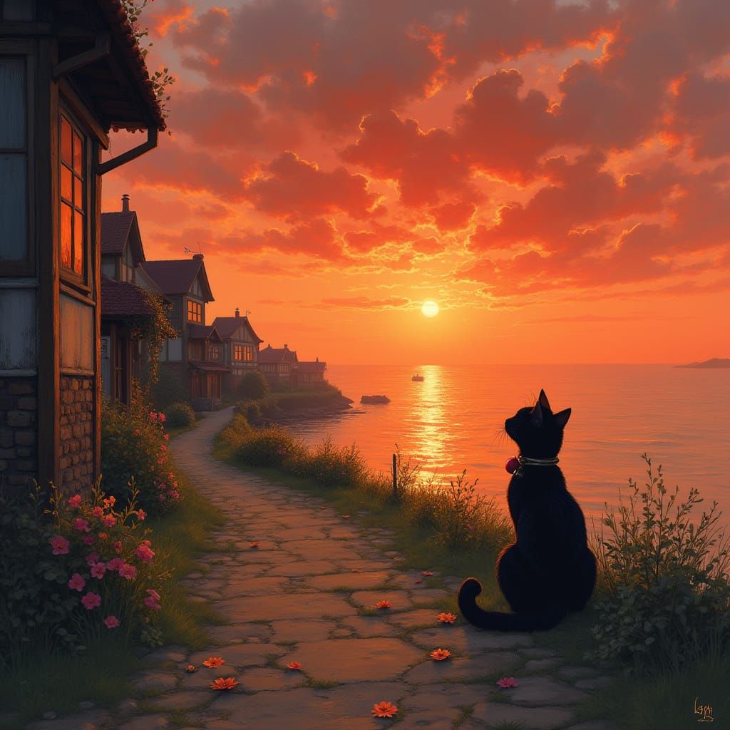 Seaside Village Sunset with Black Cat, Impressionistic Style