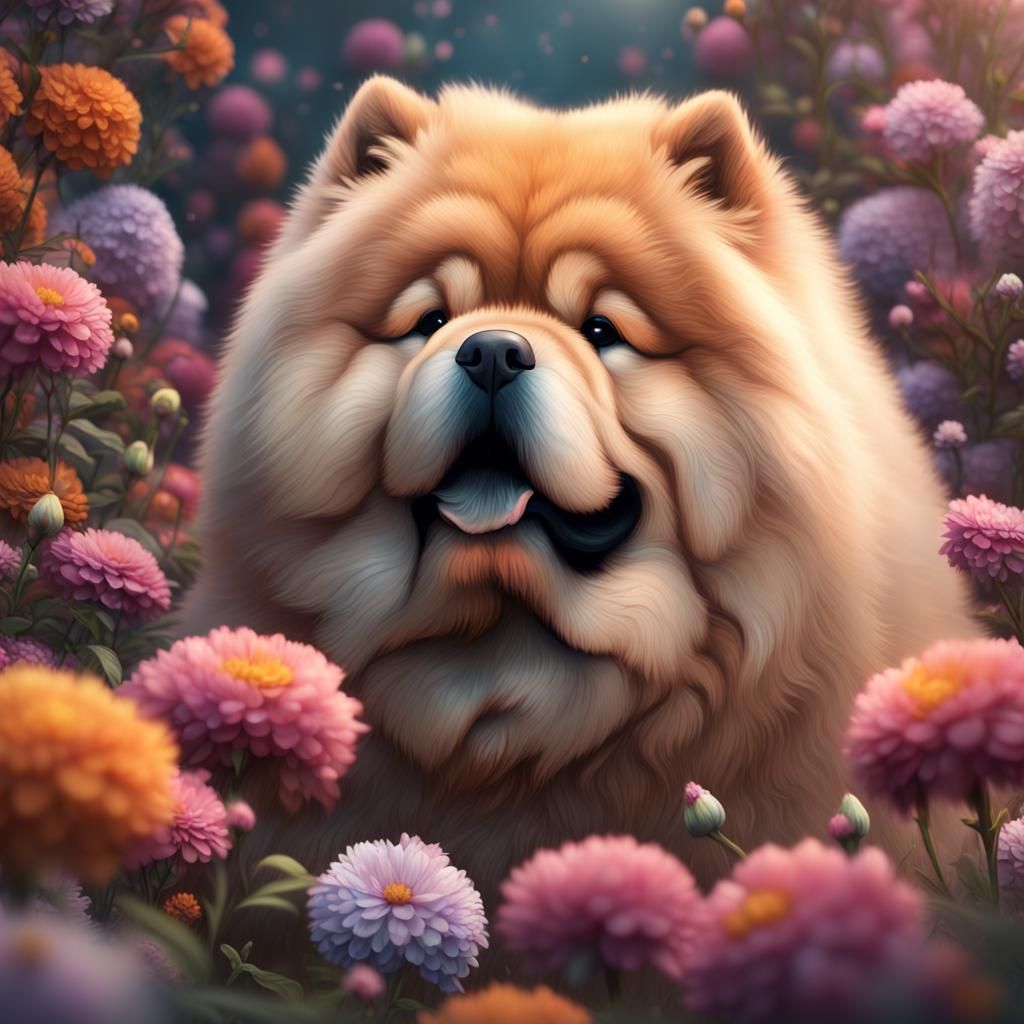 Cute Chow Chow in Flowers: Detailed Matte Painting