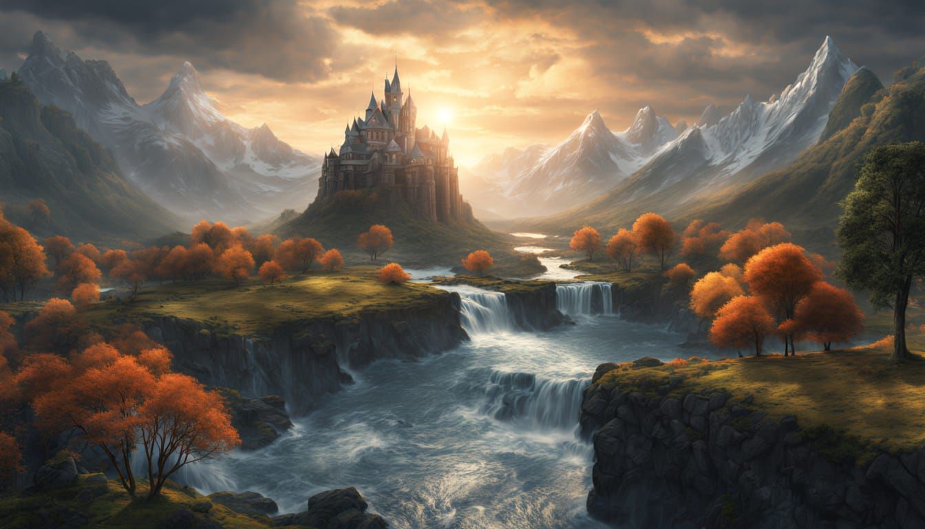 Enchanting Alien Landscape with Castle and Moonface