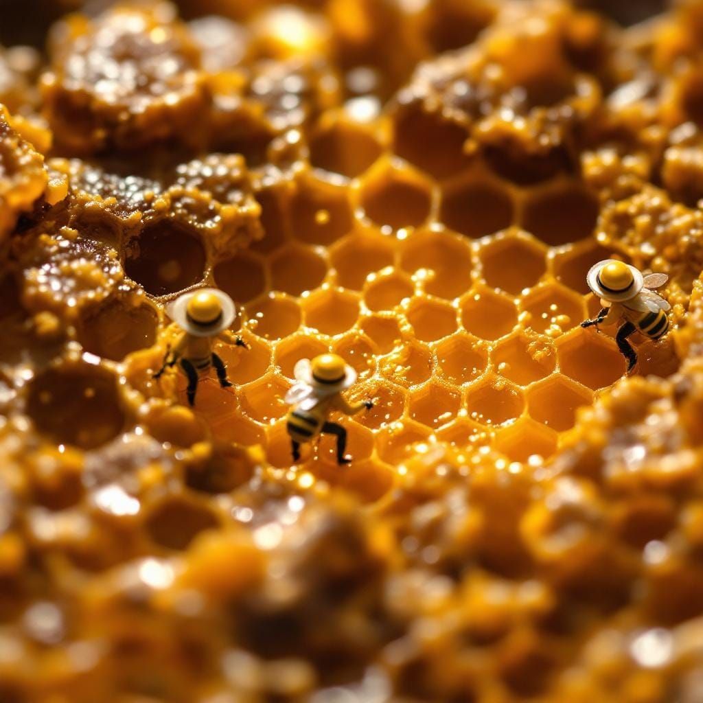 Miniature Beekeepers Harvesting Honey Inside Honeycomb