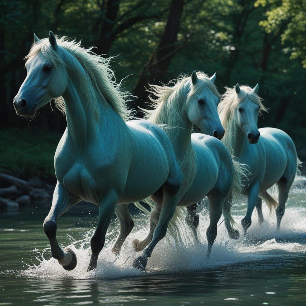 Water Horses Gallop Through Crystal River in Ethereal Light