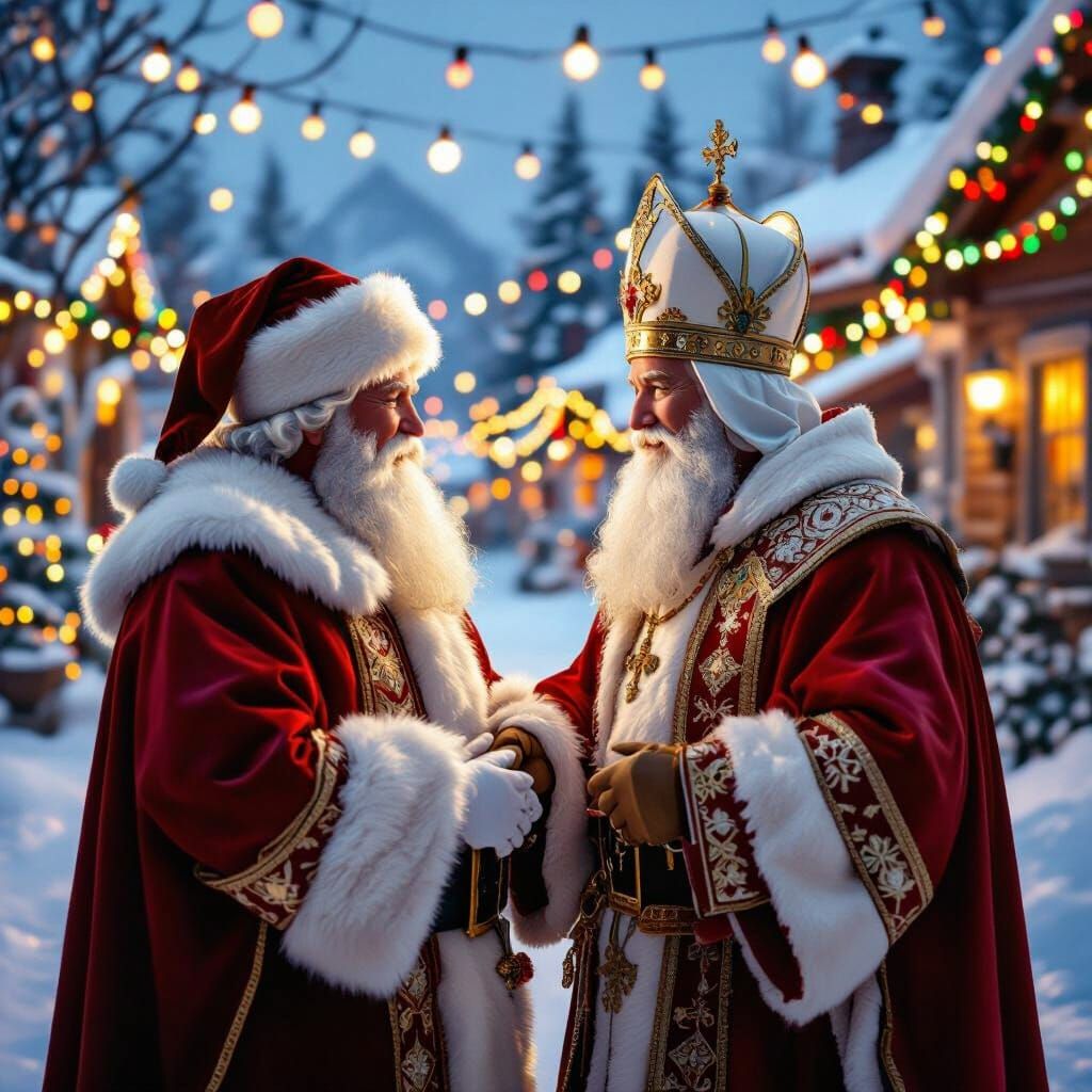 Santa Claus Meets Saint Nicholas at North Pole in Hyperreali...
