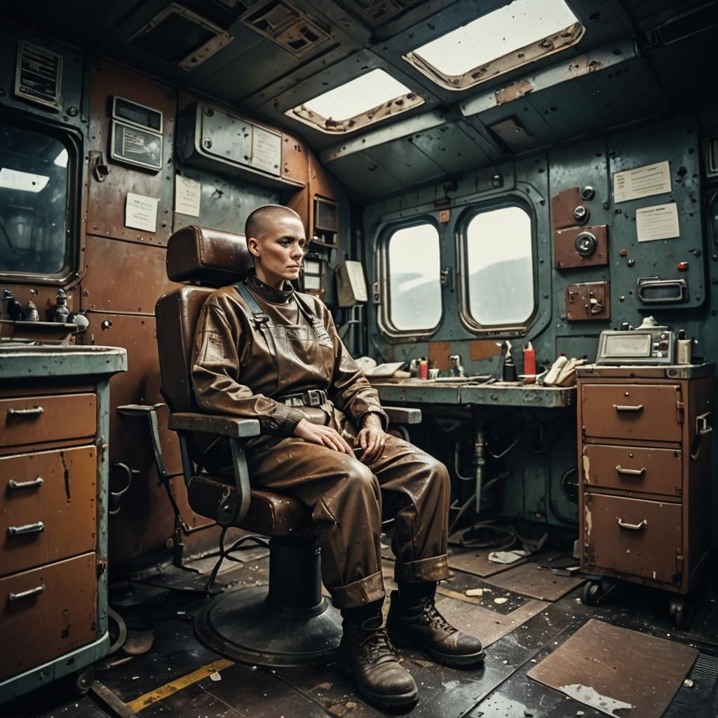 Exhausted Worker in Decrepit Spaceship Barber Shop