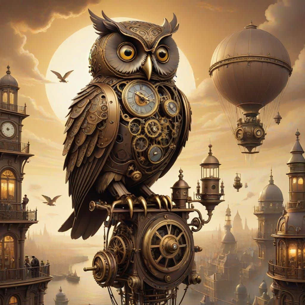 Clockwork Owl on Steampunk Automaton Above Victorian City