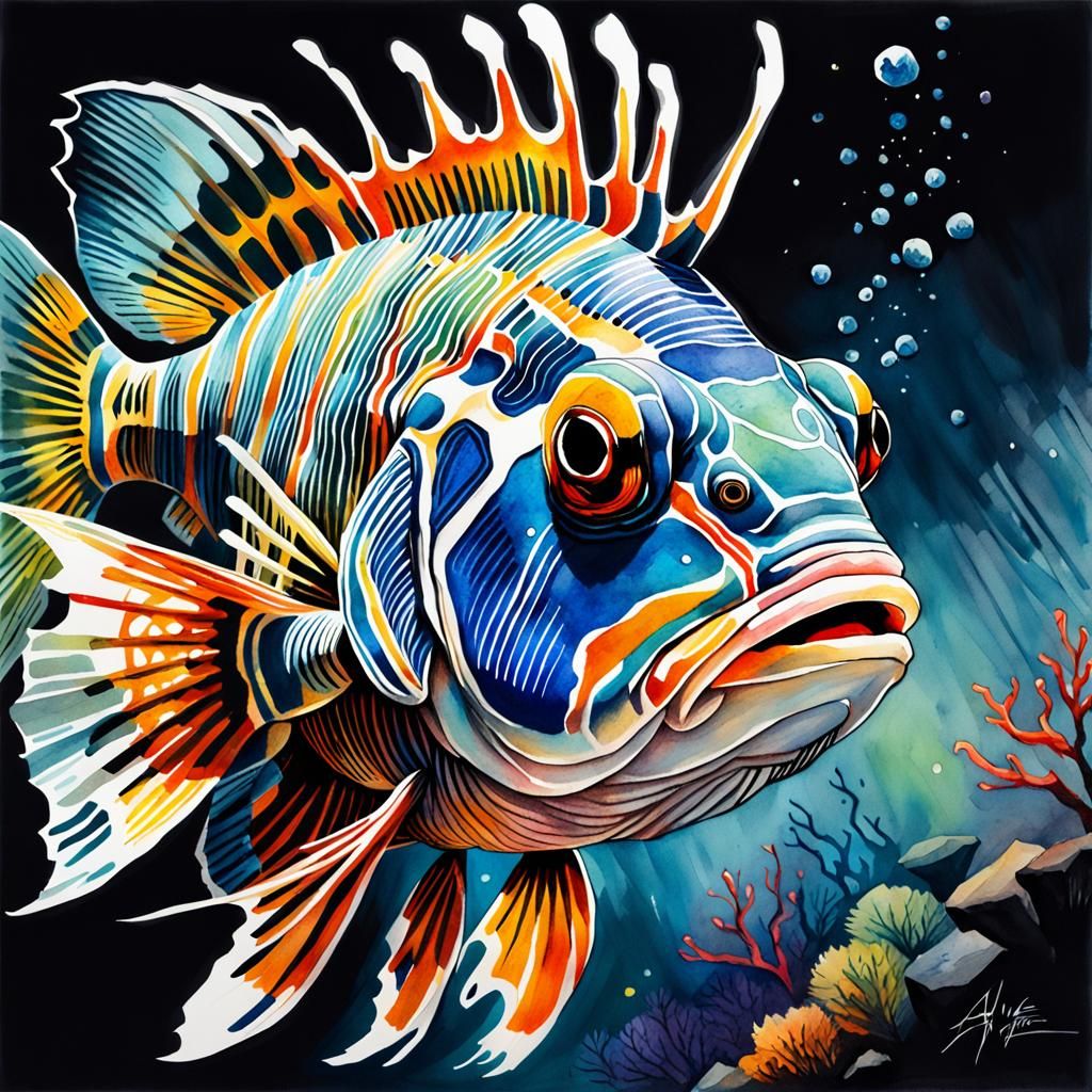 Detailed Lionfish Watercolor Brush Pen Drawing