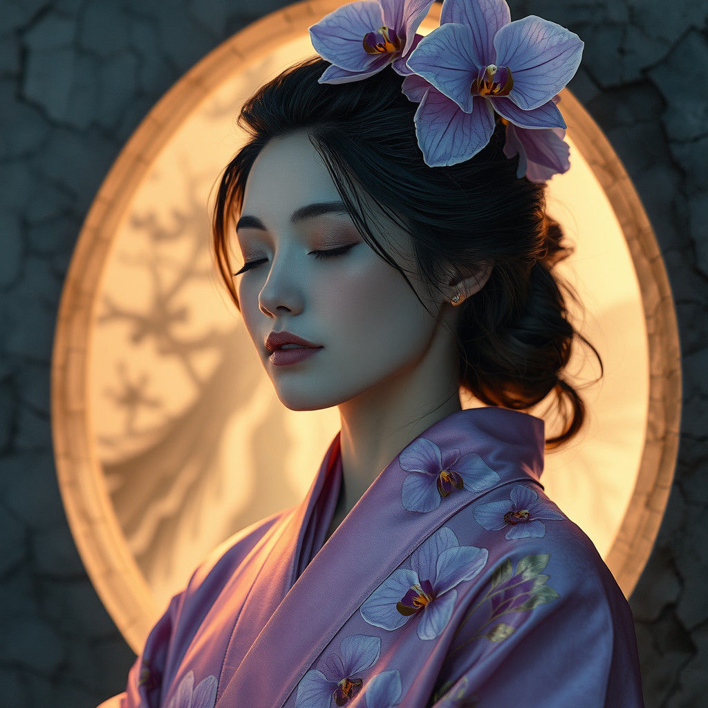 Meditating Woman in Mountain Shrine, Pre-Raphaelite Style