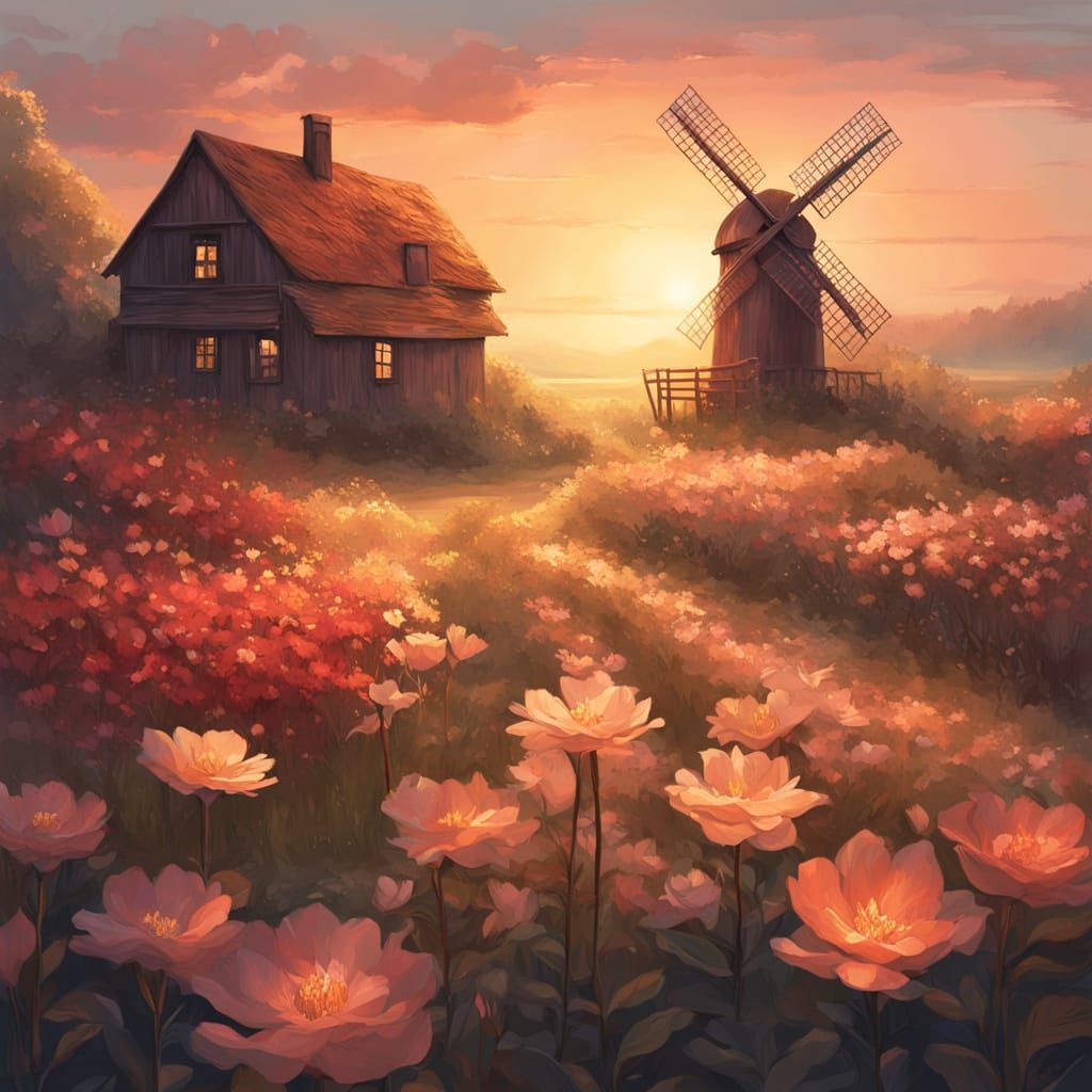 Dreamy Digital Matte Painting of Old Windmill with Floral La...
