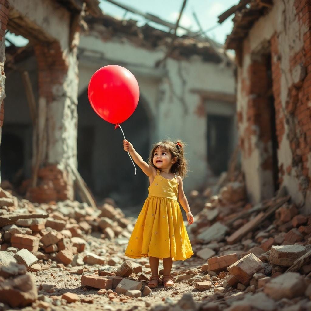 Little Girl with Red Balloon in Ruins
