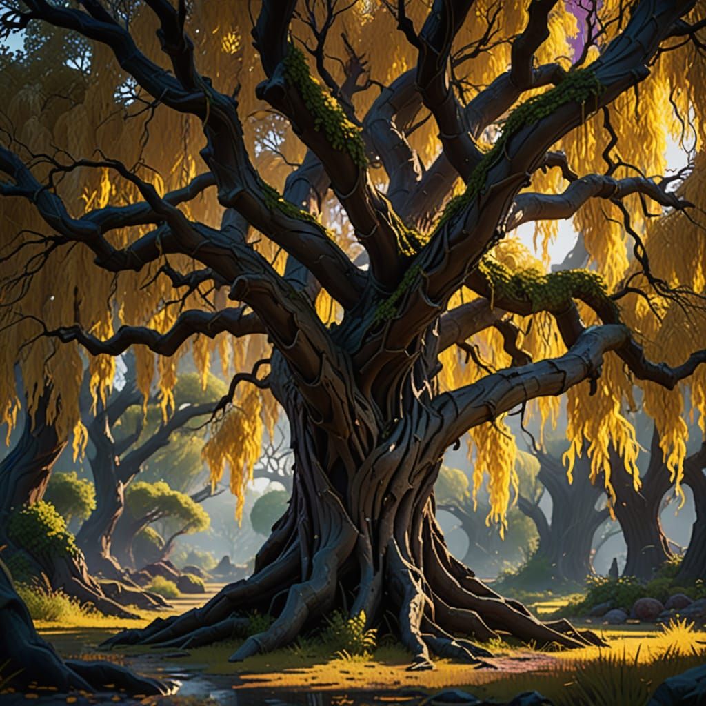 Ancient Willow Tree in Dark Fantasy Style