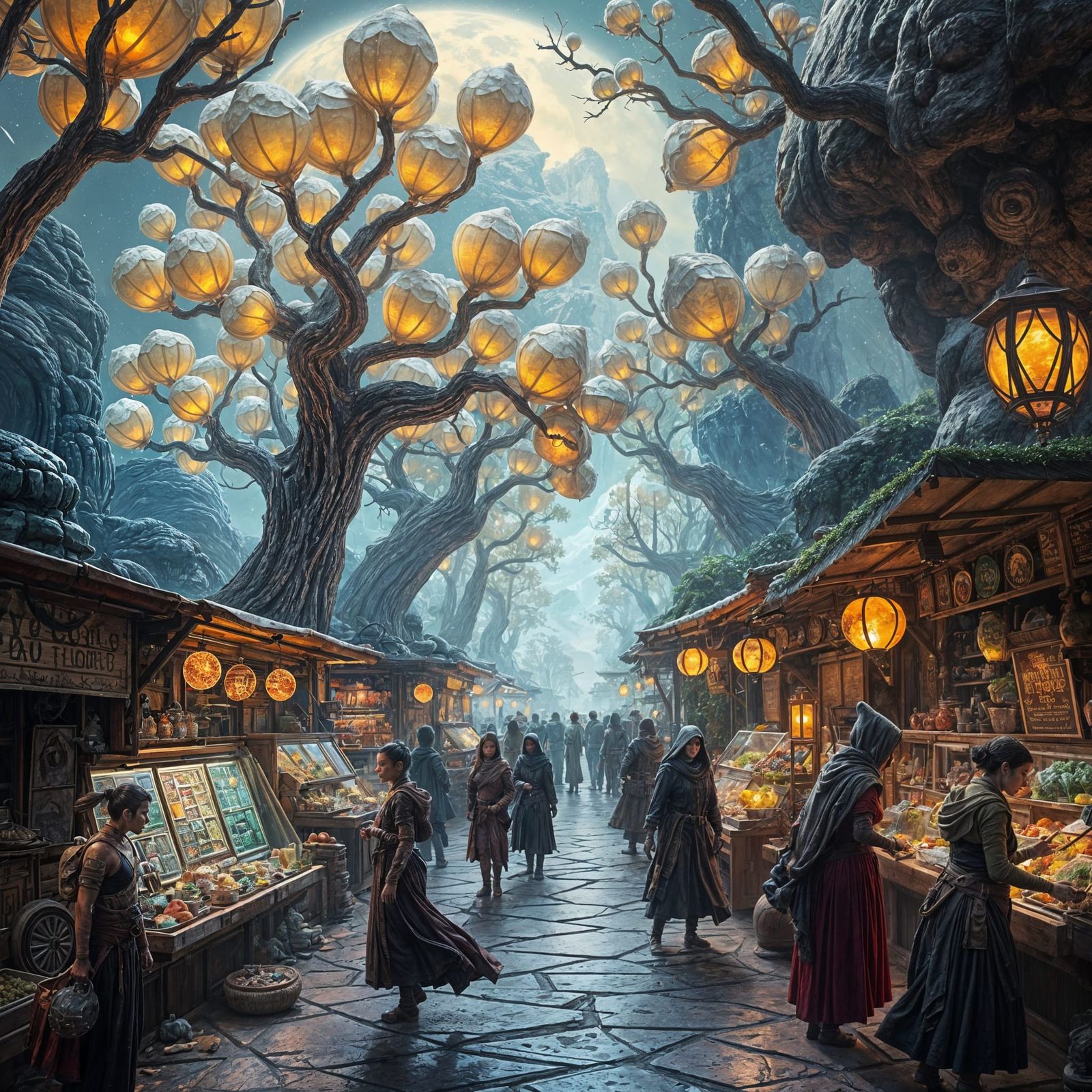Alien Marketplace with Bioluminescent Flora in Matte Paintin...