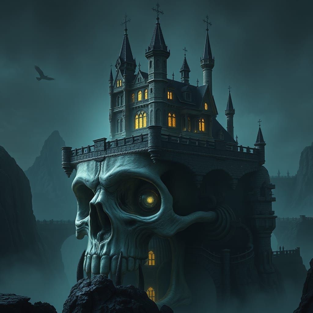 Mystical Gothic Castle Atop Glowing Skull