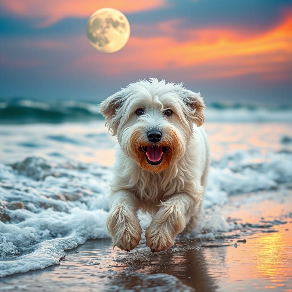 Vibrant Old English Sheepdog Runs Free on Turquoise Beach