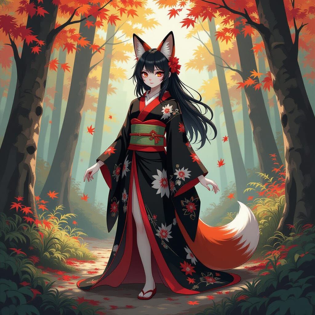 Fox Girl Demon in Mystical Autumn Forest