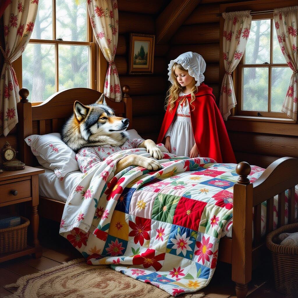 Wolf in Bed: Fairy Tale Forest Cottage Scene