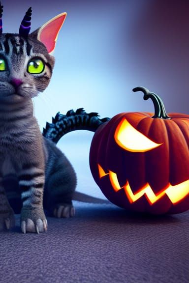 Cute Halloween Dragon-Kitten in Pixar-Inspired 3D Render